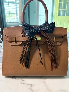 Trendy Fringe Purse Scarf Handbag Wrap Accessory in Brown and Black Doggie Print
